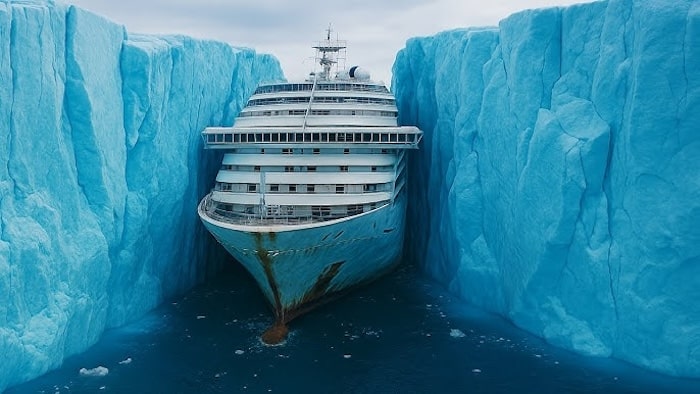 Découverte incroyable : un navire de croisière disparu dans les années 2000 retrouvé gelé entre deux icebergs